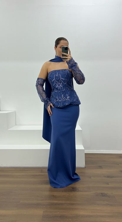 İndigo Straplez İşleme Detay Büyük Beden Abiye Elbise