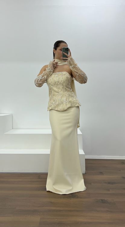 Bej Straplez İşleme Detay Büyük Beden Abiye Elbise