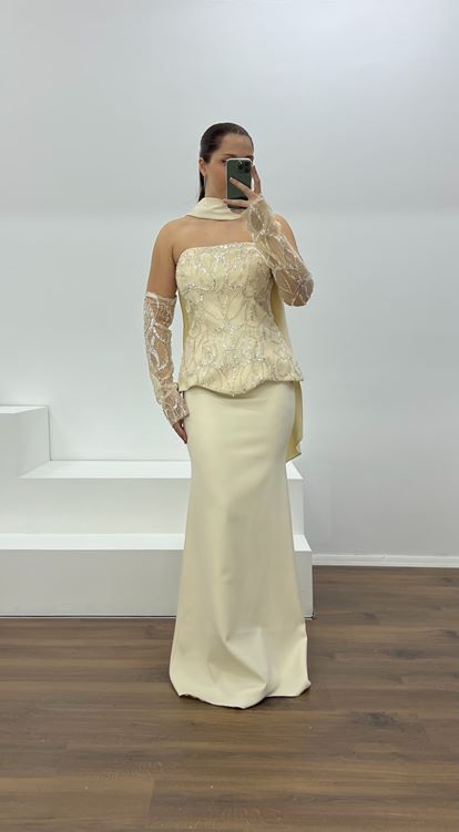 Bej Straplez İşleme Detay Büyük Beden Abiye Elbise