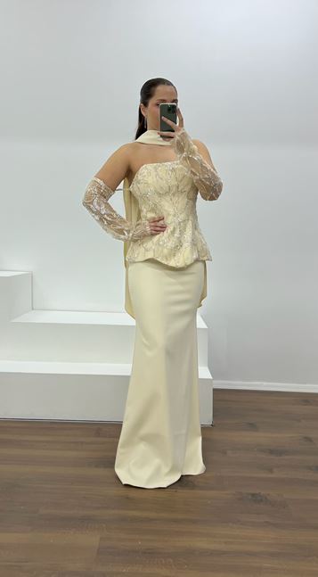 Bej Straplez İşleme Detay Büyük Beden Abiye Elbise