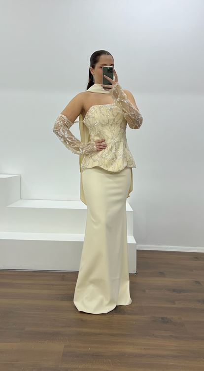 Bej Straplez İşleme Detay Büyük Beden Abiye Elbise