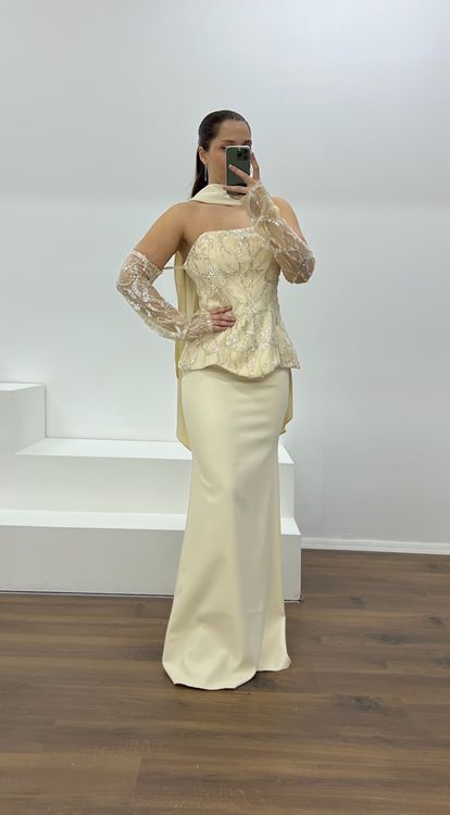 Bej Straplez İşleme Detay Büyük Beden Abiye Elbise