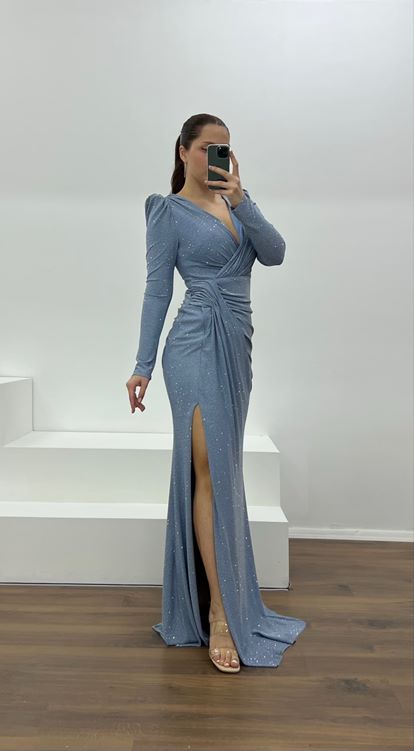 İndigo V Yaka Parıltılı Büyük Abiye Elbise