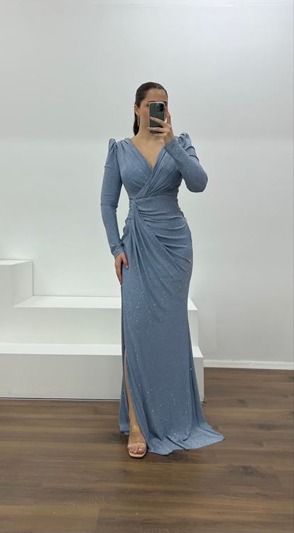 İndigo V Yaka Parıltılı Büyük Abiye Elbise