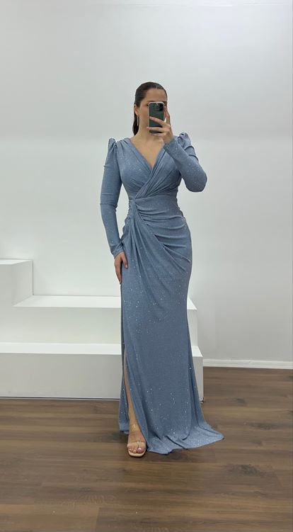 İndigo V Yaka Parıltılı Büyük Abiye Elbise