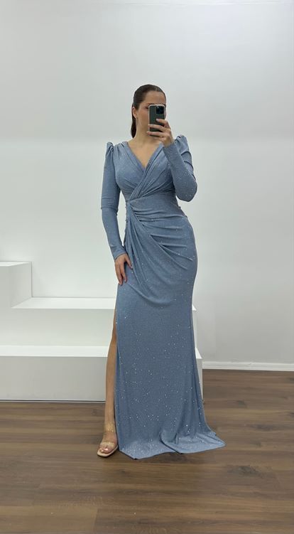 İndigo V Yaka Parıltılı Büyük Abiye Elbise