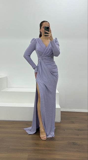 Lila V Yaka Parıltılı Büyük Abiye Elbise