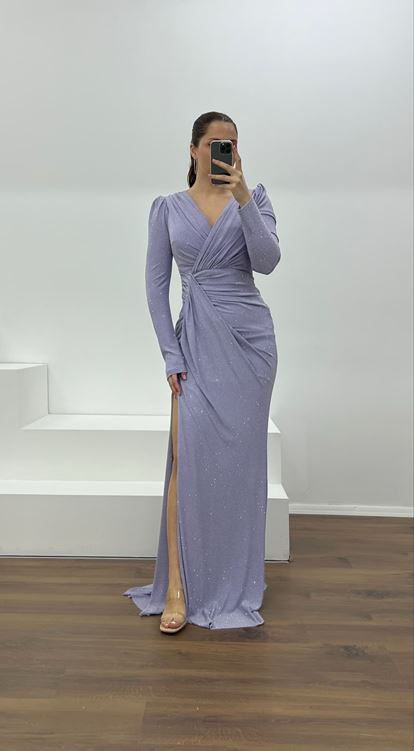 Lila V Yaka Parıltılı Büyük Abiye Elbise