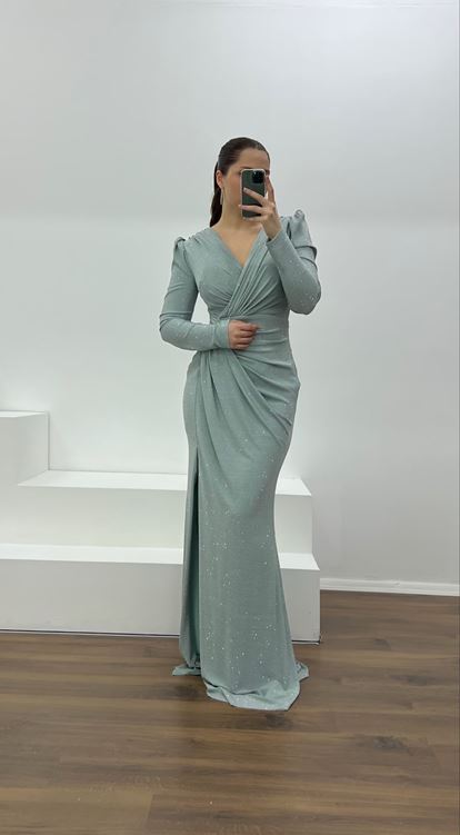 Firuze V Yaka Parıltılı Büyük Abiye Elbise