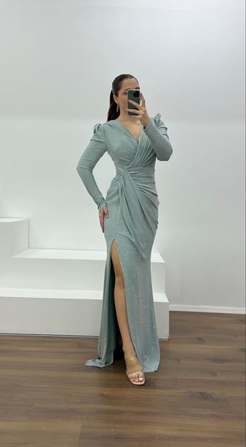 Firuze V Yaka Parıltılı Büyük Abiye Elbise