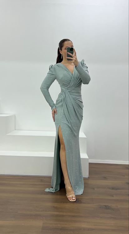 Firuze V Yaka Parıltılı Büyük Abiye Elbise