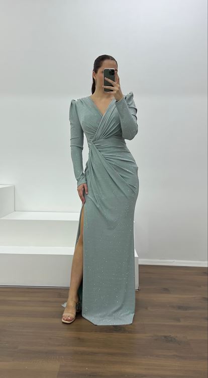 Firuze V Yaka Parıltılı Büyük Abiye Elbise