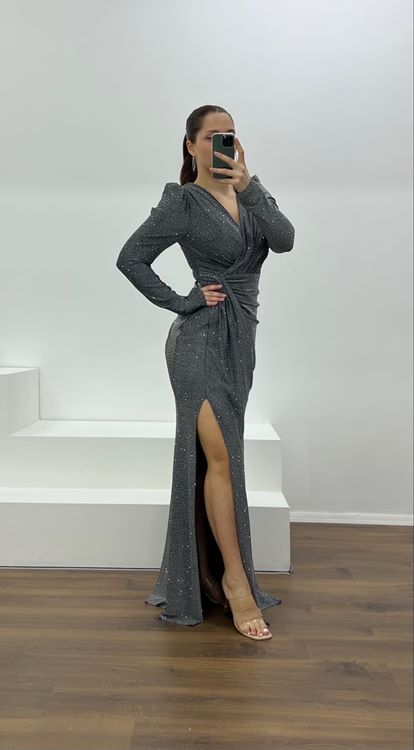 Siyah V Yaka Parıltılı Büyük Abiye Elbise