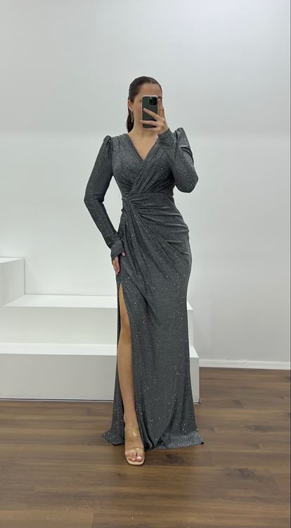 Siyah V Yaka Parıltılı Büyük Abiye Elbise