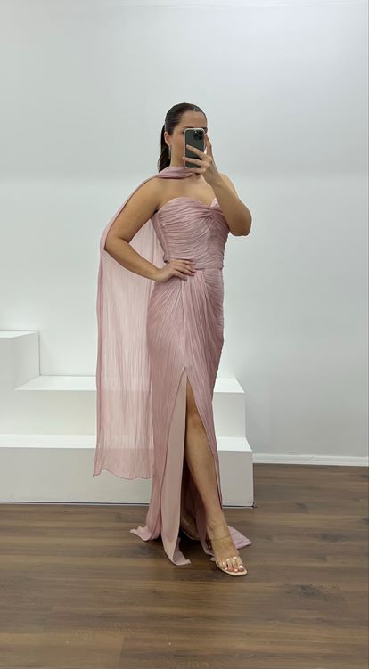 Pudra Straplez Piliseli Büyük Beden Abiye Elbise