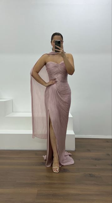 Pudra Straplez Piliseli Büyük Beden Abiye Elbise