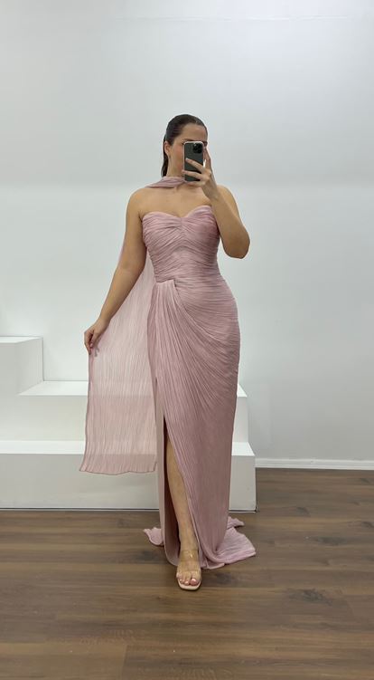 Pudra Straplez Piliseli Büyük Beden Abiye Elbise