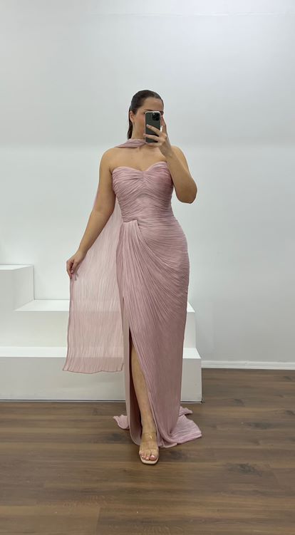 Pudra Straplez Piliseli Büyük Beden Abiye Elbise