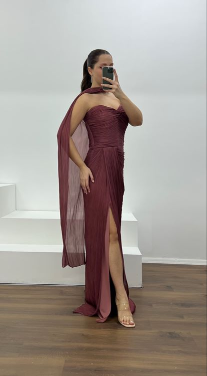 Gül Kurusu Straplez Piliseli Büyük Beden Abiye Elbise