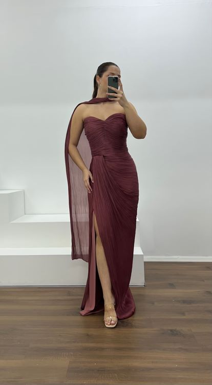 Gül Kurusu Straplez Piliseli Büyük Beden Abiye Elbise