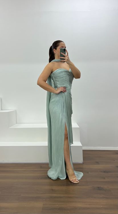 Mint Straplez Piliseli Büyük Beden Abiye Elbise