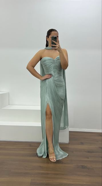 Mint Straplez Piliseli Büyük Beden Abiye Elbise