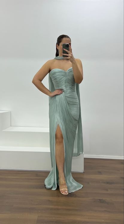 Mint Straplez Piliseli Büyük Beden Abiye Elbise