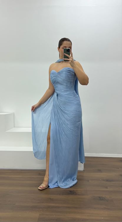 Mavi Straplez Piliseli Büyük Beden Abiye Elbise