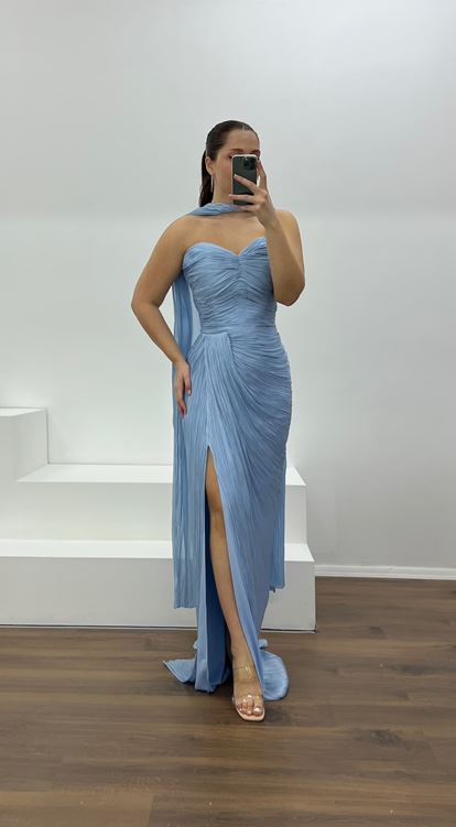 Mavi Straplez Piliseli Büyük Beden Abiye Elbise