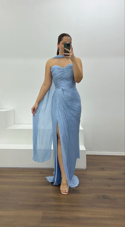 Mavi Straplez Piliseli Büyük Beden Abiye Elbise