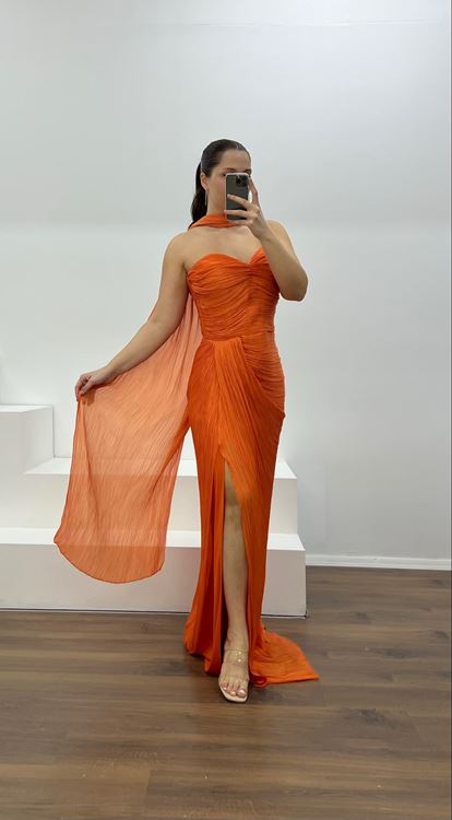 Turuncu Straplez Piliseli Büyük Beden Abiye Elbise