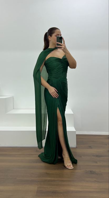 Zümrüt Straplez Piliseli Büyük Beden Abiye Elbise