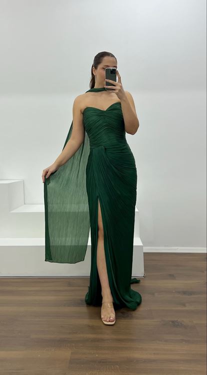 Zümrüt Straplez Piliseli Büyük Beden Abiye Elbise