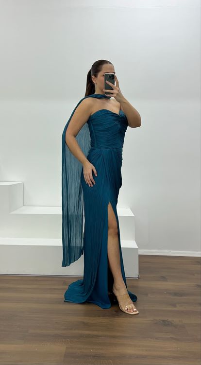 Petrol Straplez Piliseli Büyük Beden Abiye Elbise