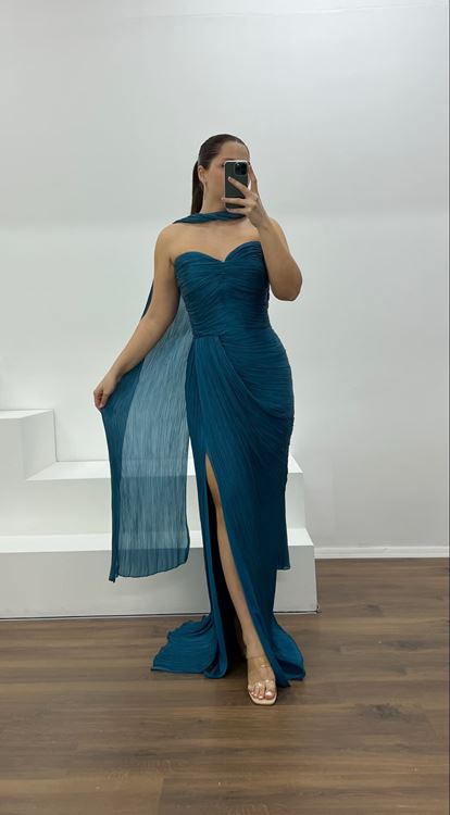 Petrol Straplez Piliseli Büyük Beden Abiye Elbise