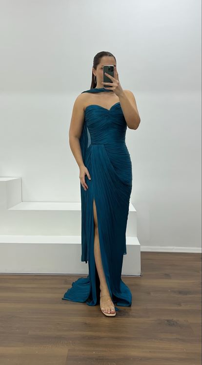 Petrol Straplez Piliseli Büyük Beden Abiye Elbise