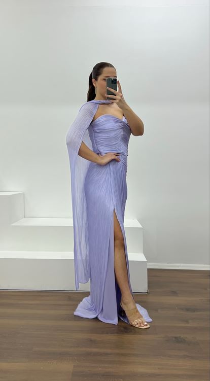 Açık Lila Straplez Piliseli Büyük Beden Abiye Elbise
