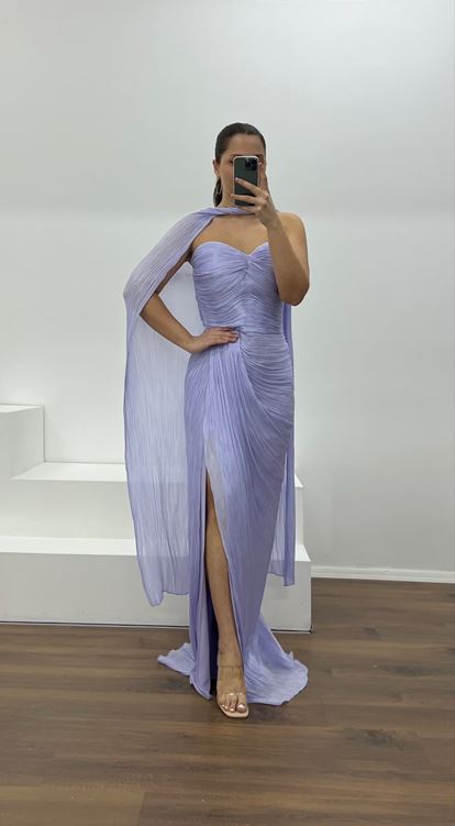 Açık Lila Straplez Piliseli Büyük Beden Abiye Elbise