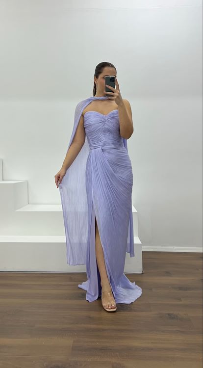 Açık Lila Straplez Piliseli Büyük Beden Abiye Elbise