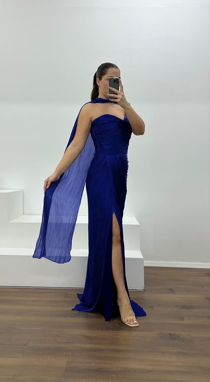 Saks Straplez Piliseli Büyük Beden Abiye Elbise