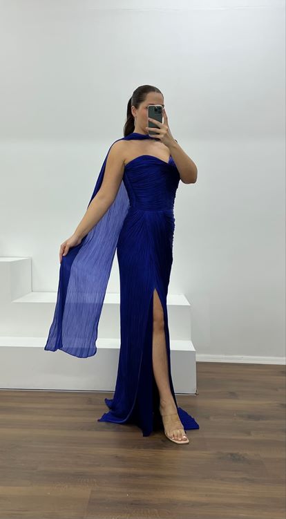 Saks Straplez Piliseli Büyük Beden Abiye Elbise