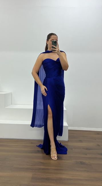 Saks Straplez Piliseli Büyük Beden Abiye Elbise