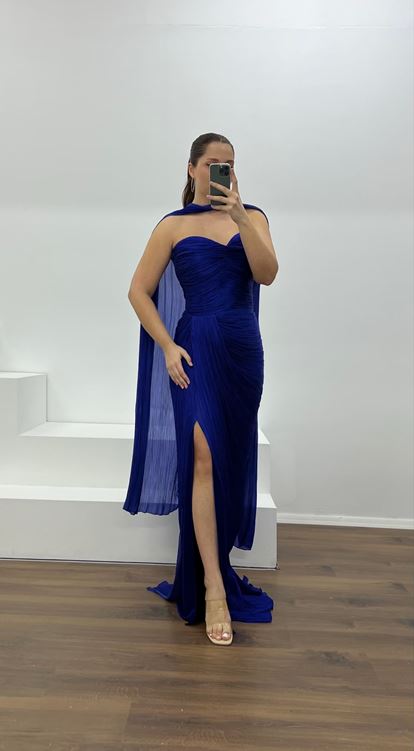 Saks Straplez Piliseli Büyük Beden Abiye Elbise