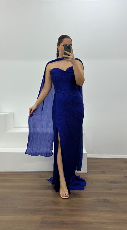 Saks Straplez Piliseli Büyük Beden Abiye Elbise