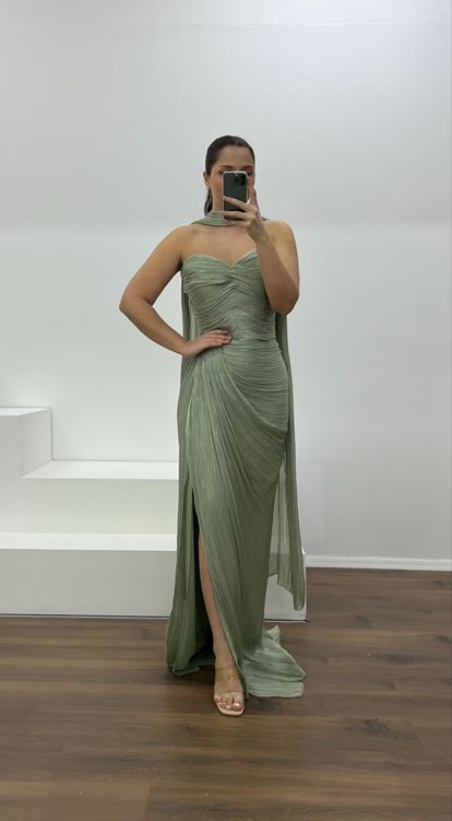 Haki Straplez Piliseli Büyük Beden Abiye Elbise