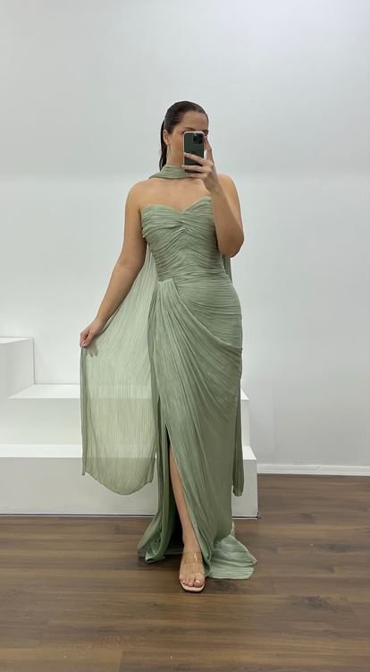 Haki Straplez Piliseli Büyük Beden Abiye Elbise