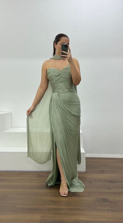 Haki Straplez Piliseli Büyük Beden Abiye Elbise