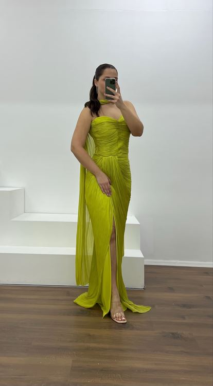 Yağ Yeşili Straplez Piliseli Büyük Beden Abiye Elbise