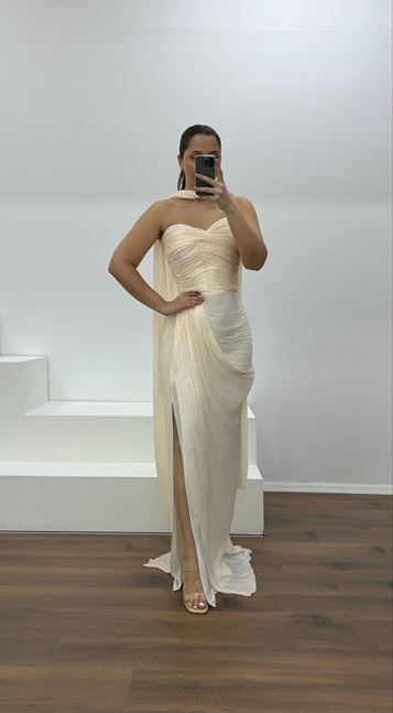 Ekru Straplez Piliseli Büyük Beden Abiye Elbise