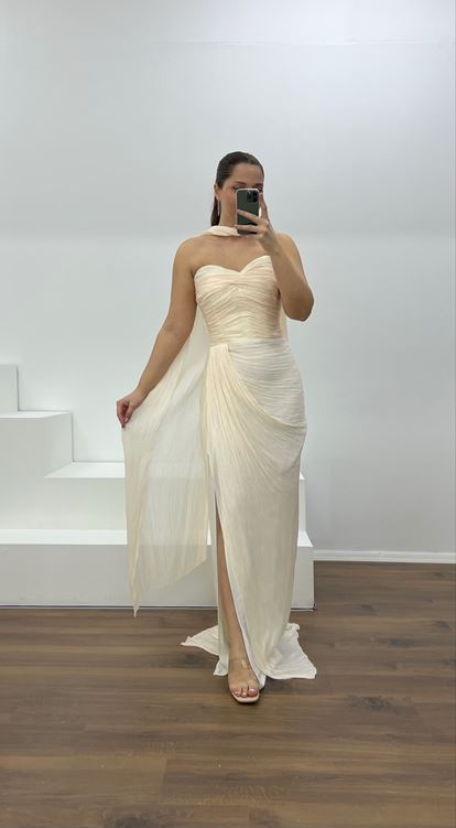 Ekru Straplez Piliseli Büyük Beden Abiye Elbise